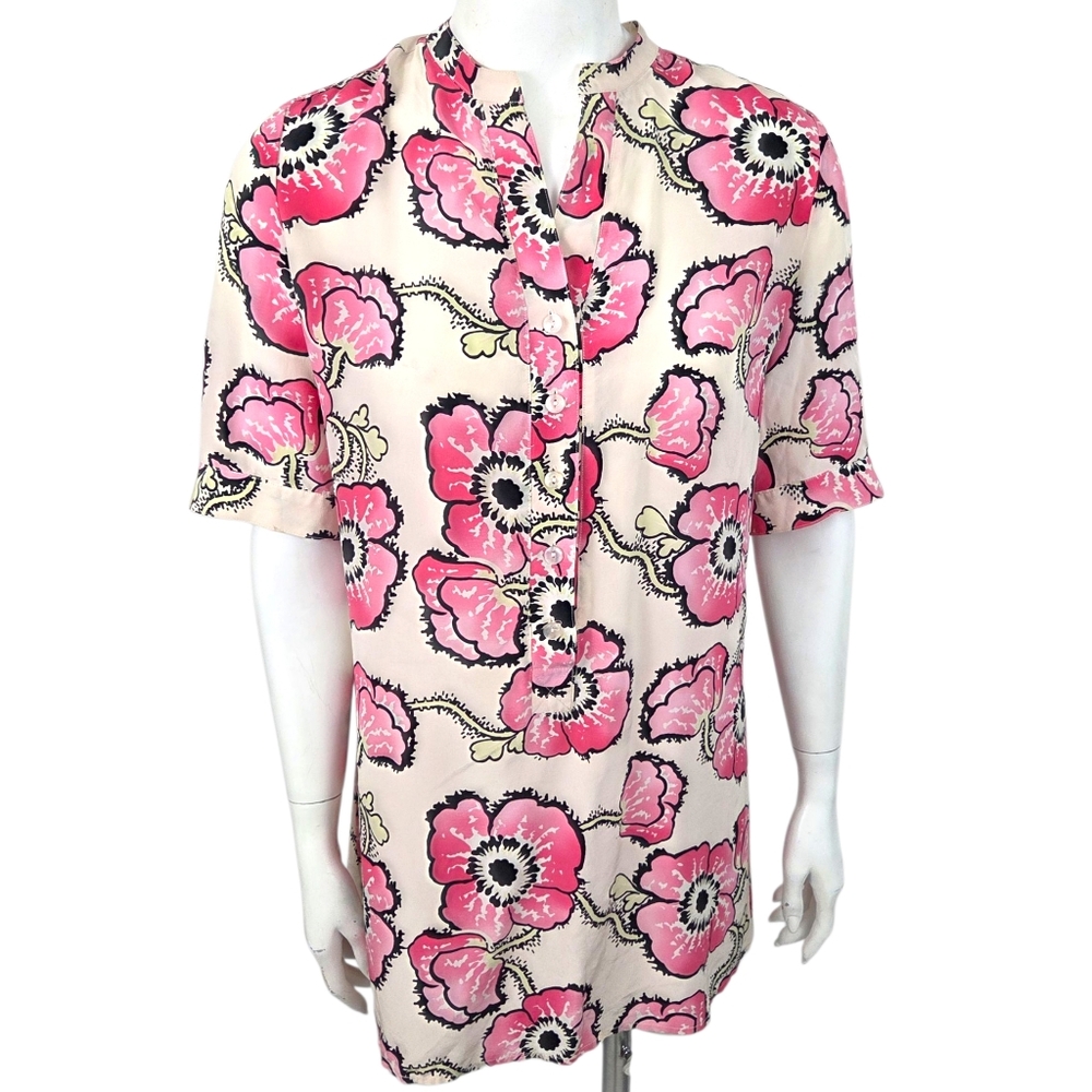 Tucker Silk Floral Tunic Top Blouse Womens Small Pink Short Skeeve Button Down